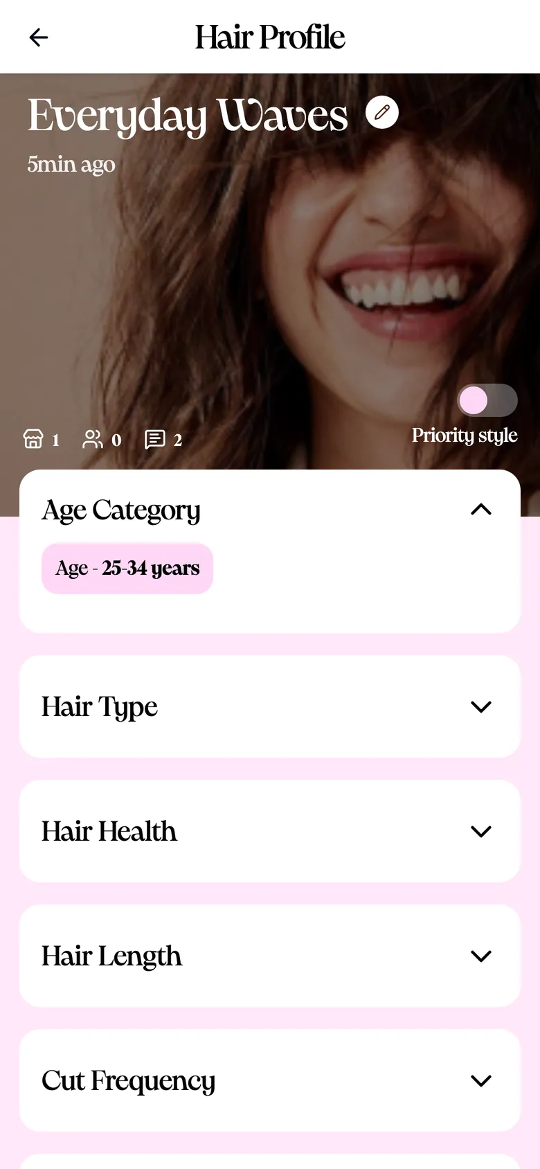 Customer hair profile on a phone with cover photo, share counts and collapsible quiz answer sections