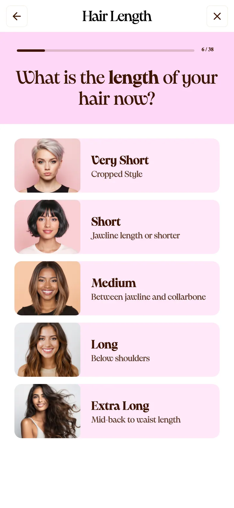 Shair hair quiz on a phone at question 6 of 38, asking for hair length with photo answer cards