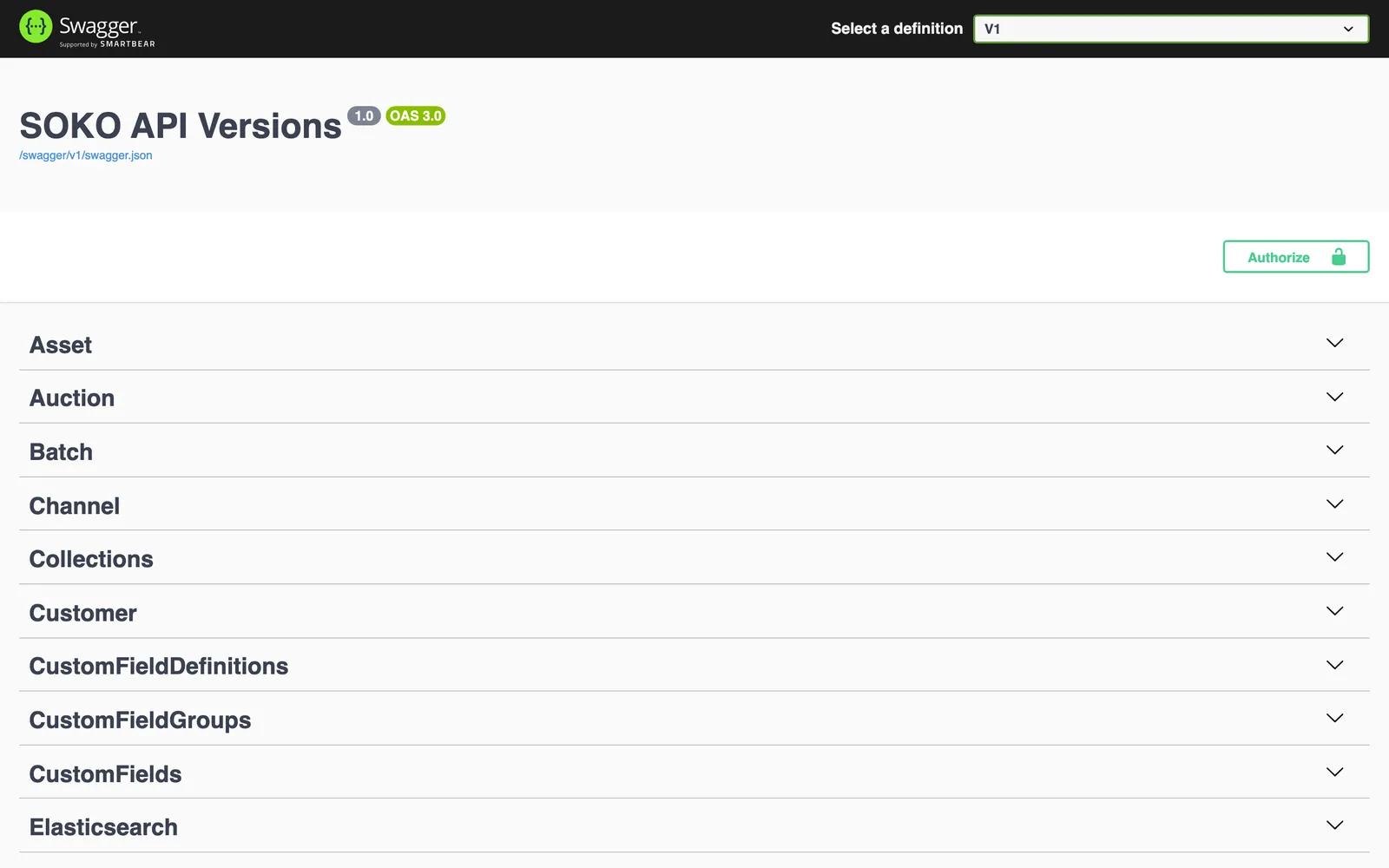 Swagger UI for the SOKO Admin API with collapsed endpoint groups for assets, auctions, batch operations, channels, collections, customers, custom field definitions, groups and values, and Elasticsearch