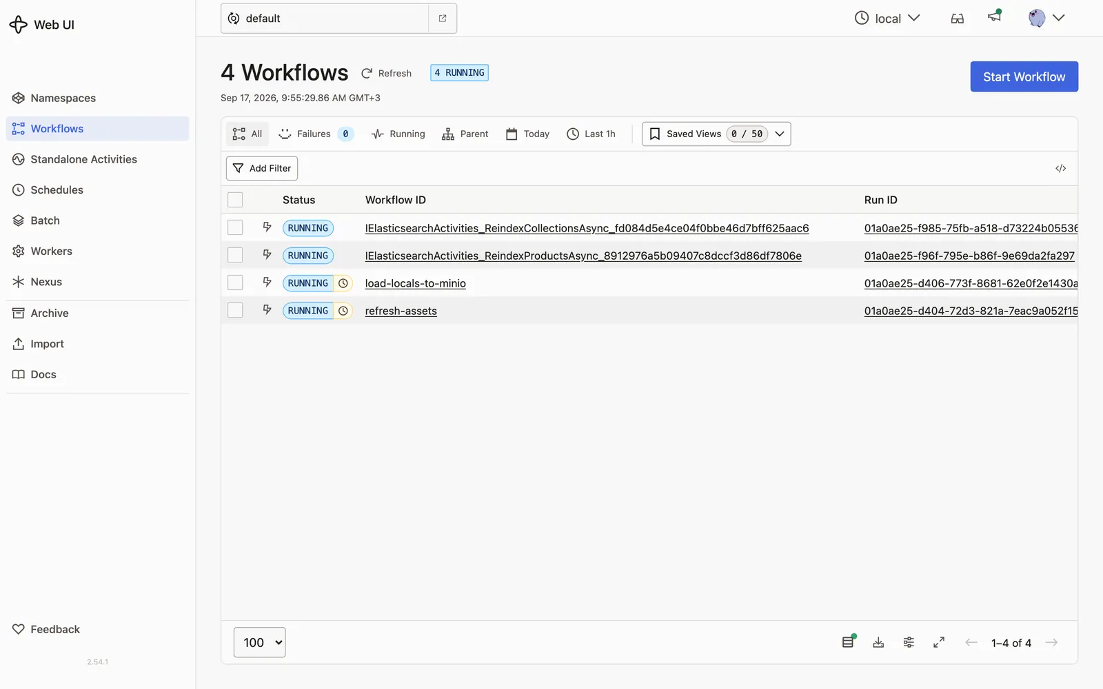 Temporal Web UI listing four running workflows started by the Admin API: product and collection reindexing for Elasticsearch, and the recurring refresh-assets and load-locals-to-minio asset workflows