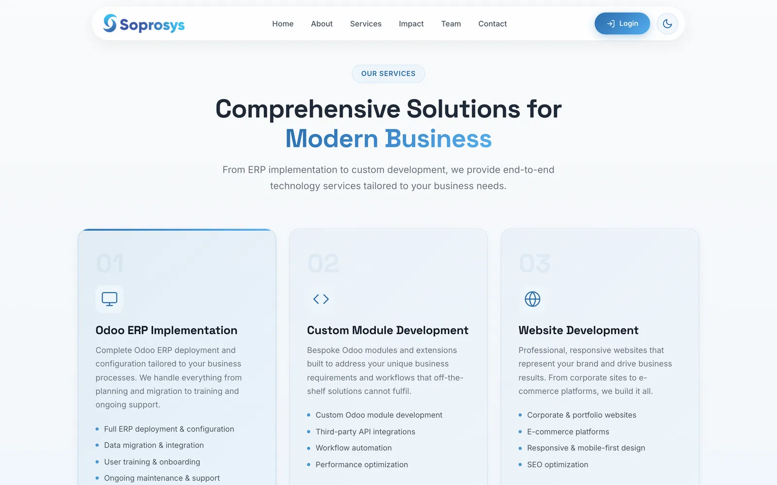 Services section, Comprehensive Solutions for Modern Business, with cards for Odoo ERP implementation, custom module development and website development