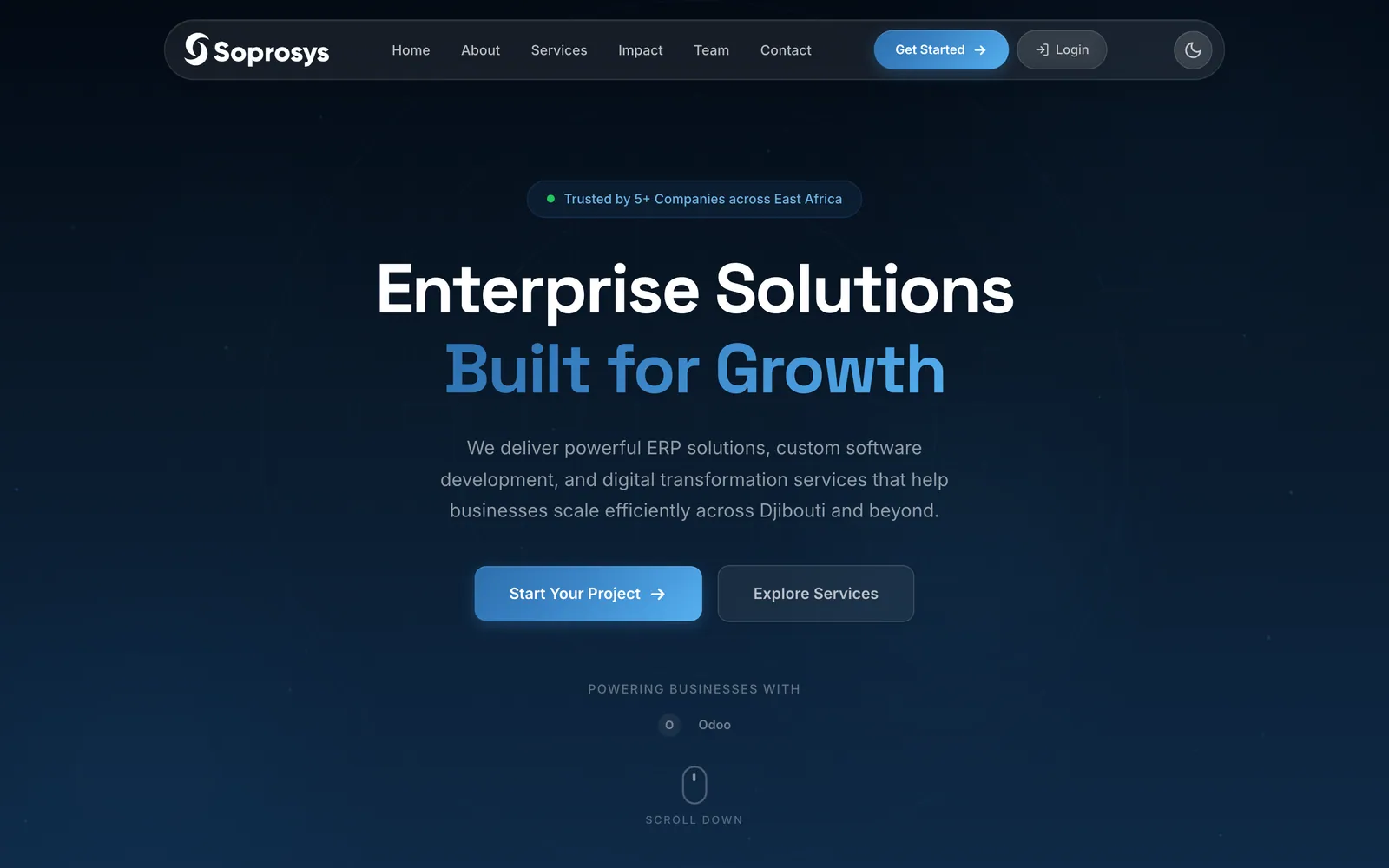 The earlier static Soprosys page with the same Enterprise Solutions Built for Growth hero and a Get Started button in the navigation