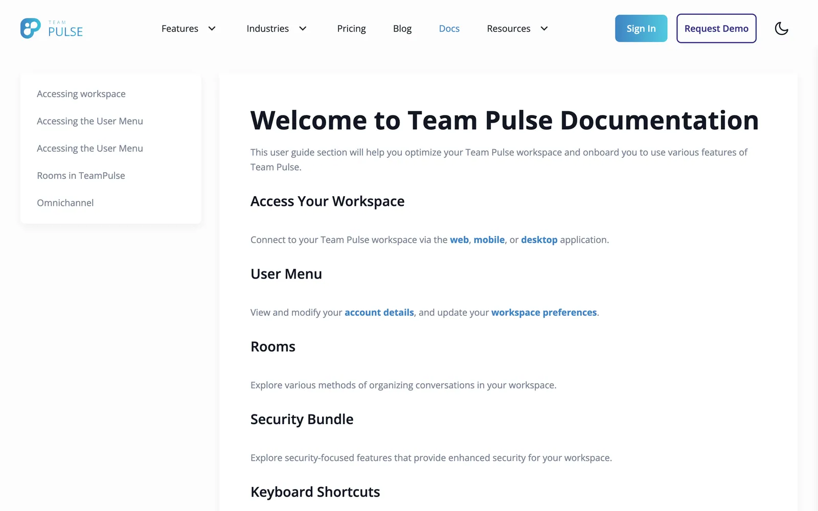 Documentation home, Welcome to Team Pulse Documentation, with a sidebar of guides on the workspace, user menu, rooms and omnichannel