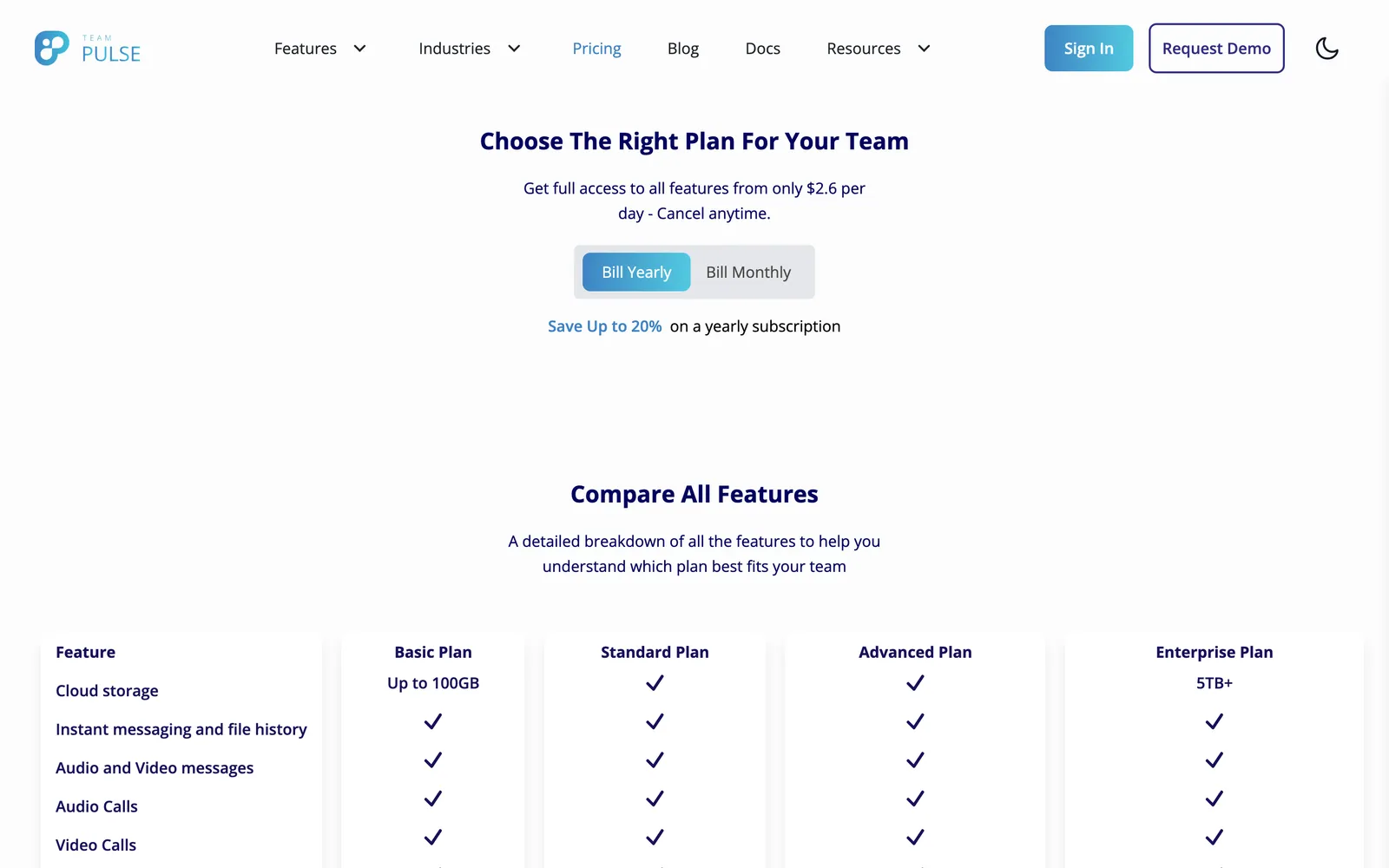 Pricing page with a yearly or monthly billing toggle and a feature comparison across Basic, Standard, Advanced and Enterprise plans