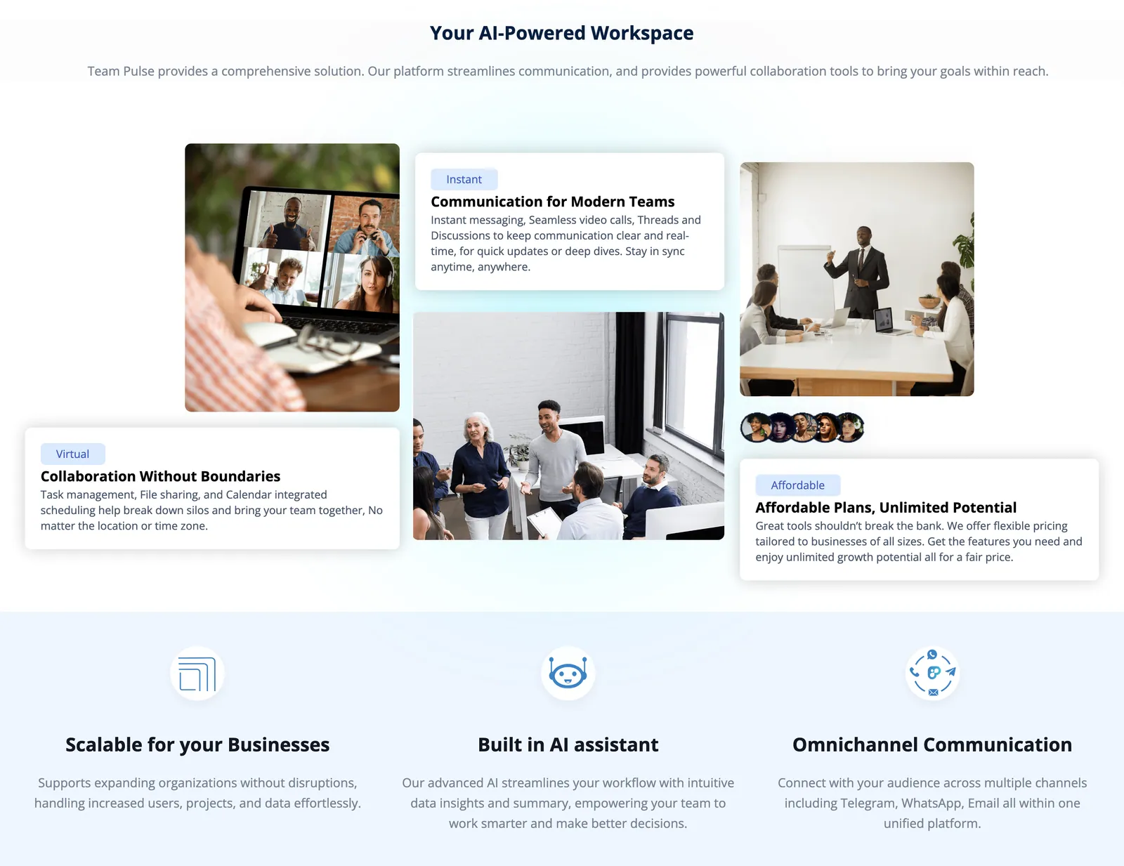 Home page section Your AI-Powered Workspace with cards for communication, collaboration and affordable plans, above the scalable, AI assistant and omnichannel highlights