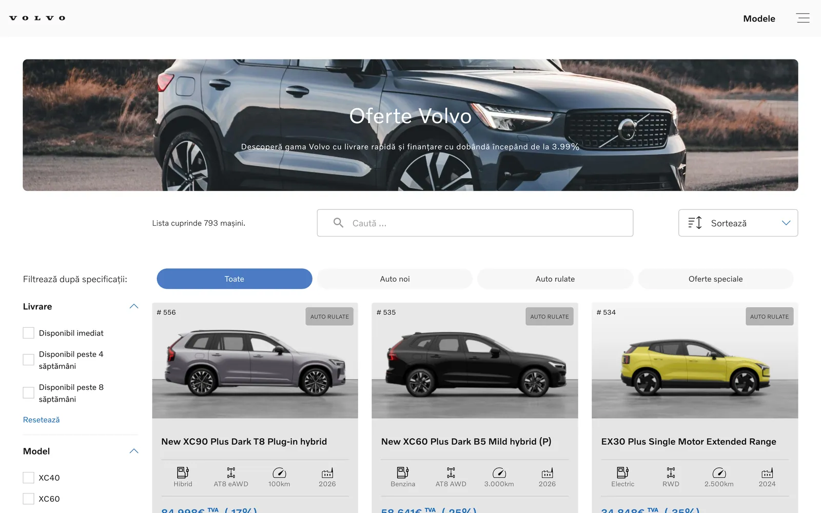 Car listing on Oferte Volvo with body type, model and price filters