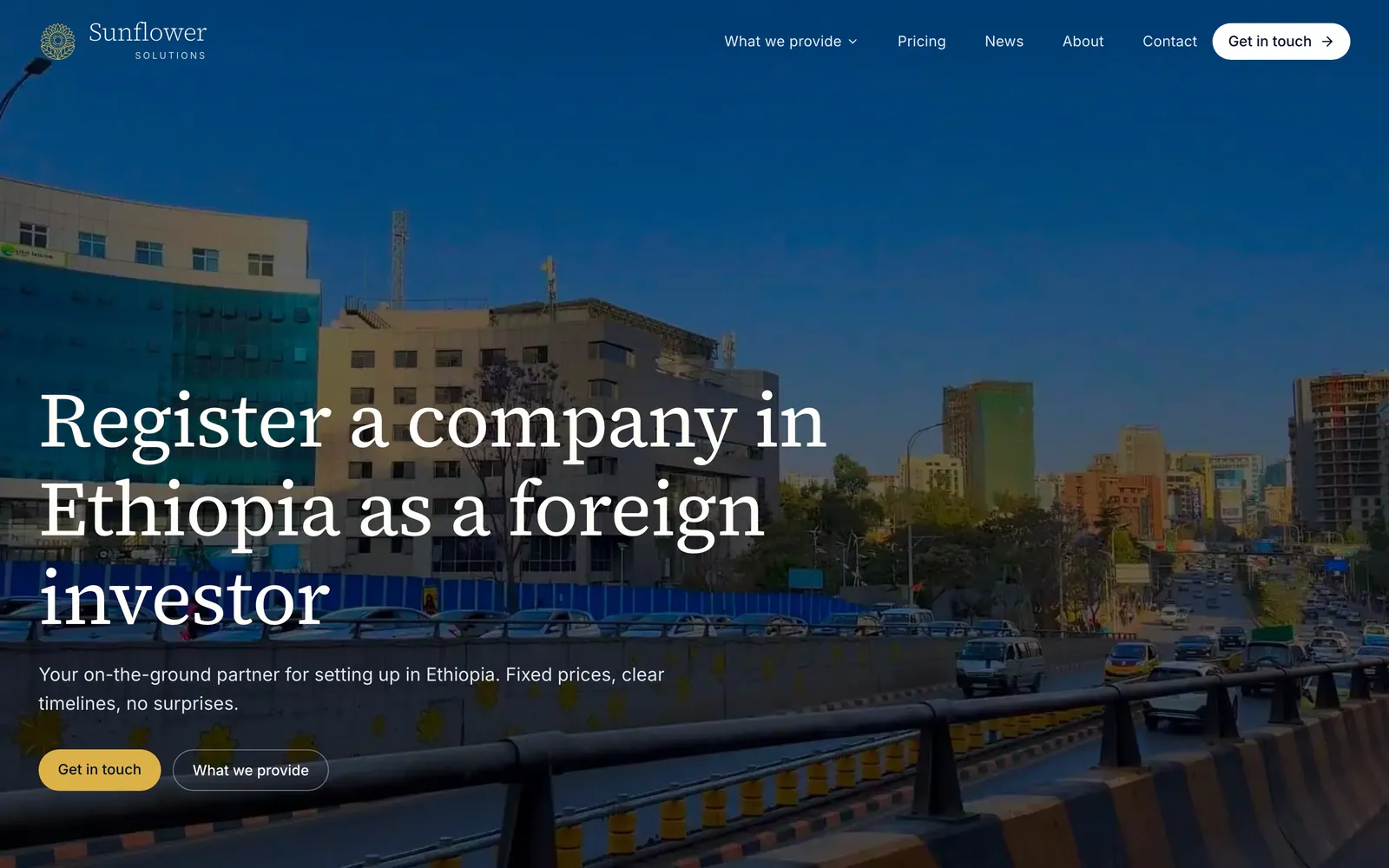 English home page with the headline Register a company in Ethiopia as a foreign investor over a photo of an Addis Ababa street