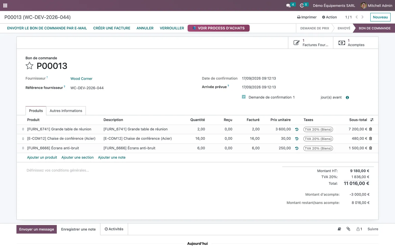 Odoo 16 purchase order P00013 for Wood Corner with a Voir process d'achats button in the header, an Acomptes smart button counting one advance, and totals ending with Montant d'acompte −3 000 € and Montant restant 8 016 €
