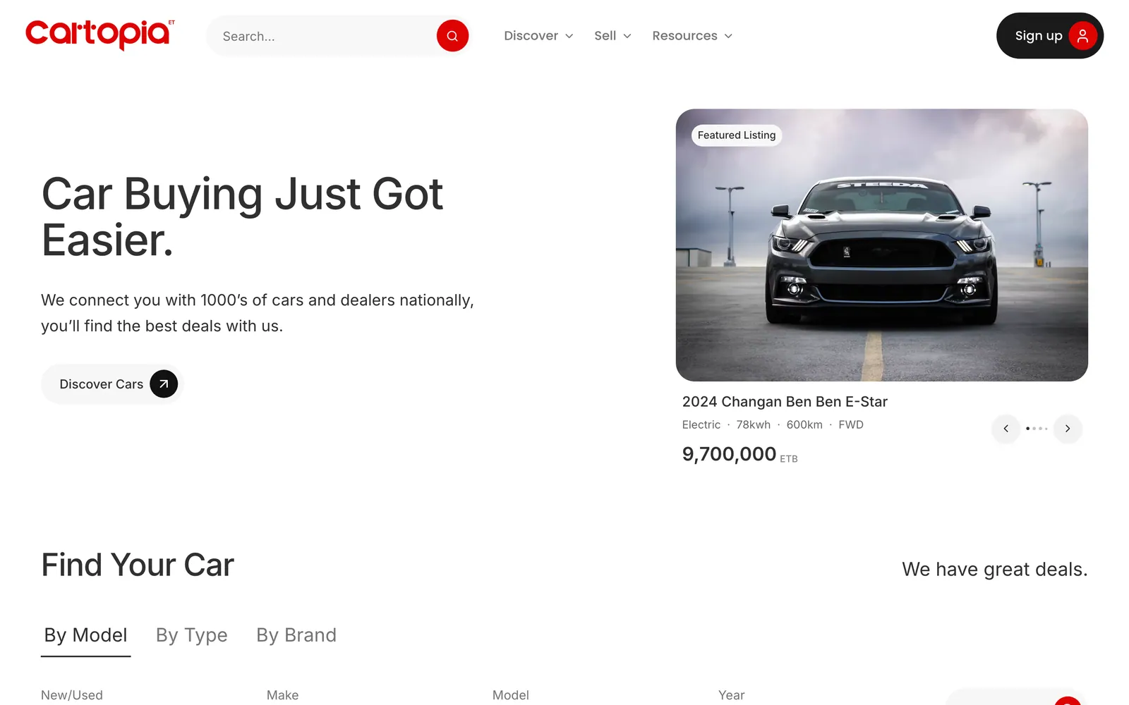 Cartopia landing page with the headline Car Buying Just Got Easier, a featured listing card for a 2024 Changan Ben Ben E-Star and the Find Your Car search by model, make and year