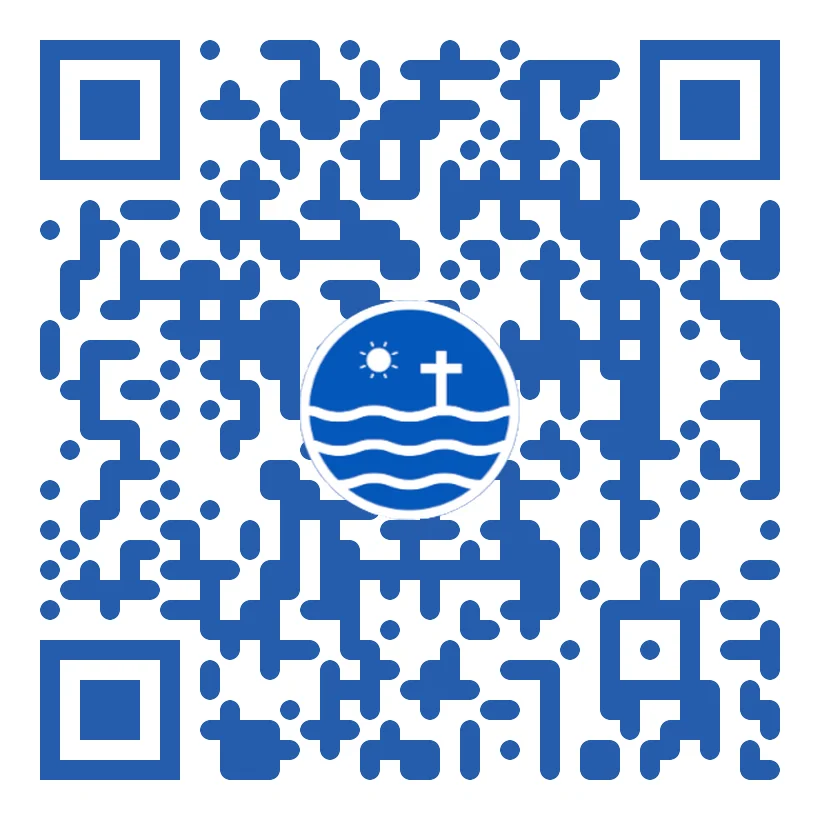 Blue QR code with rounded modules and the Omo Beeza Ministry logo in the centre