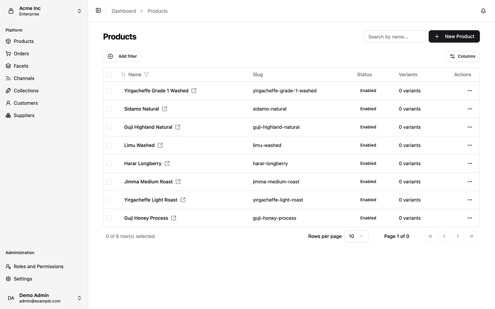 Soko admin dashboard Products page listing eight demo coffee products such as Yirgacheffe Grade 1 Washed, Sidamo Natural and Guji Honey Process with slug, enabled status and row actions, beside the Platform and Administration sidebar