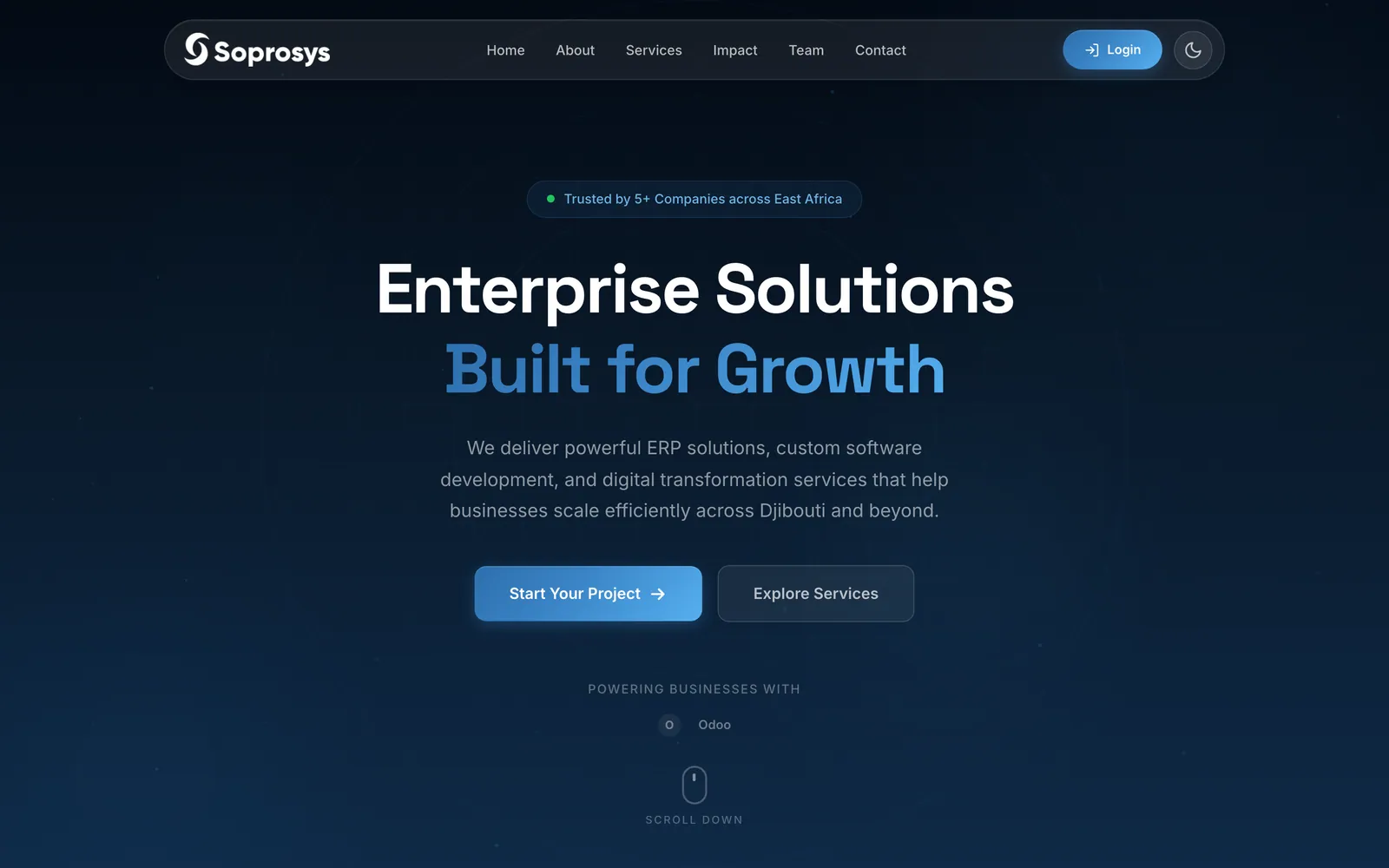 Soprosys home page hero, Enterprise Solutions Built for Growth, with Start Your Project and Explore Services buttons and an Odoo badge