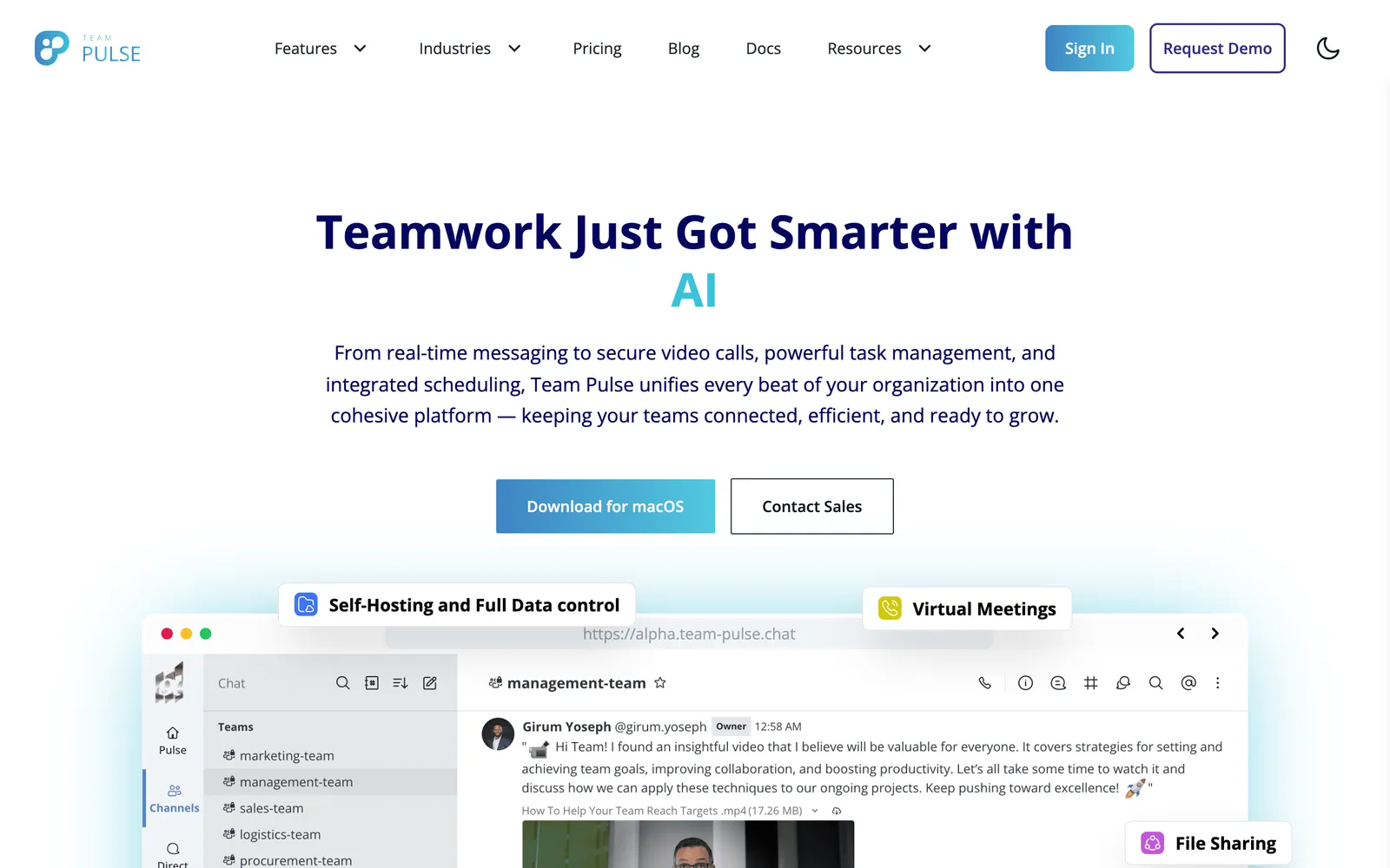 Team Pulse home page with the headline Teamwork Just Got Smarter with AI, download and sales buttons, and a preview of the chat app with team channels